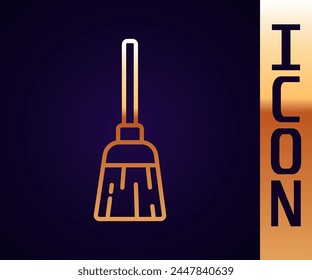 Gold line Witches broom icon isolated on black background. Happy Halloween party.  Vector