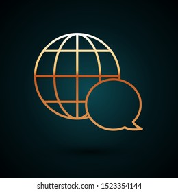 Gold line World map made from speech bubble icon isolated on dark blue background. Global communication scheme on Earth.  Vector Illustration