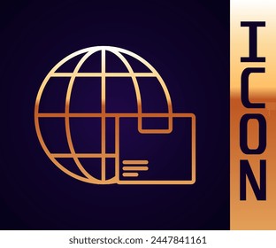 Gold line Worldwide shipping and cardboard box icon isolated on black background.  Vector Illustration