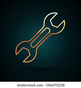 Gold line Wrench spanner icon isolated on dark blue background.  Vector