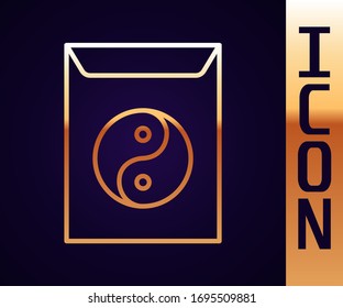 Gold line Yin Yang and envelope icon isolated on black background. Symbol of harmony and balance.  Vector Illustration