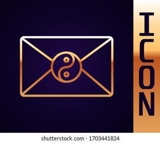 Gold line Yin Yang and envelope icon isolated on black background. Symbol of harmony and balance.  Vector Illustration