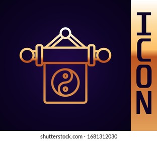 Gold line Yin Yang symbol of harmony and balance icon isolated on black background.  Vector Illustration