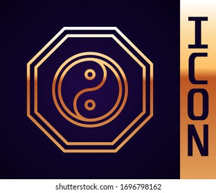 Gold line Yin Yang symbol of harmony and balance icon isolated on black background.  Vector Illustration