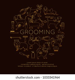 Gold Linear Circle With The Inscription. Vector Line Modern Poster. Round Banner With Grooming Dogs  (brushing, Cutting Hair Or Trimming, Eye Care, Ear Cleaning, Nail Trimming, Bathing) And Tools.