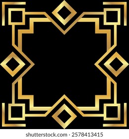 Gold linear decorative empty frame on black. Art Deco striped border for luxury poster, cards, social media, certificates
