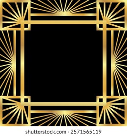 Gold linear decorative frame on black. Art Deco striped border for luxury poster, cards, social media, certificates