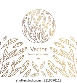 Emblema lineal de oro con hojas en forma de círculo. Se puede usar para la joyería, la belleza y la industria de la moda. Ideal para logotipo, monograma, invitación, volante, menú, fondo o cualquier idea deseada.