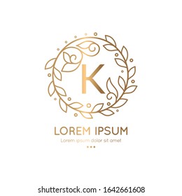 Gold linear frame with laurel leaves. Elegant vector, classic elements. Can be used for jewelry, beauty and fashion industry. Great for logo, emblem, background or any desired idea.