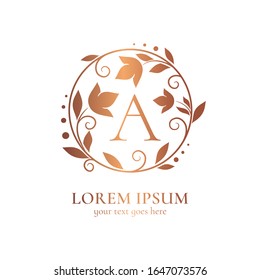 Gold linear frame with leaves. Elegant vector, classic elements. Can be used for jewelry, beauty and fashion industry. Great for logo, emblem, background or any desired idea.