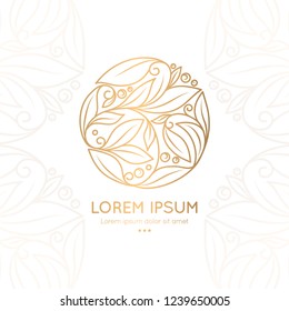 Gold linear leaf emblem. Elegant, classic vector. Can be used for jewelry, beauty and fashion industry. Great for logo, monogram, invitation, flyer, menu, brochure, background, or any desired idea.