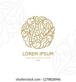 Gold linear leaf emblem. Elegant, classic vector. Can be used for jewelry, beauty and fashion industry. Great for logo, monogram, invitation, flyer, menu, brochure, background, or any desired idea.