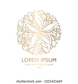 Gold linear leaf emblem. Elegant, classic vector. Can be used for jewelry, beauty and fashion industry. Great for logo, monogram, invitation, flyer, menu, brochure, background, or any desired idea.