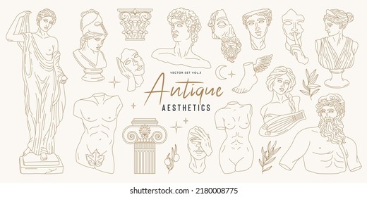 Gold linear set antique aesthetic statues of mystical god, olive branches, hands, stars, columns, horse and pottery. Isolated greek statues in modern style. Creative silhouette for poster design, wall