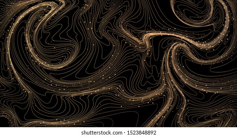 Gold linear texture on a black background. Modern festive golden backdrop. Vector dynamic design with abstract waves for postcards, posters, brochures and flyers