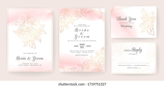 Planta de la tarjeta de invitación de boda floral de lino dorado con acuarela de melocotón. Guardar fondo abstracto guardar la fecha, invitación, tarjeta de felicitación, vector multipropósito