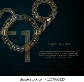 Gold lines 2019 New Year on a dark background Creative element for design luxury cards invitations party for the New Year 2019 and Christmas Modern design gold line 2019 festive invitation card Vector