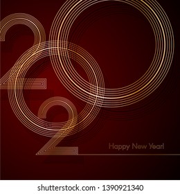 Gold lines 2020 New Year on a dark red background Creative element for design luxury cards invitations party for the New Year and Christmas Modern design gold line 2020 festive invitation card Vector