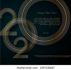 Gold lines 2020 New Year on a dark background Creative element for design luxury cards invitations party for the New Year 2020 and Christmas Modern design gold line 2020 festive invitation card Vector