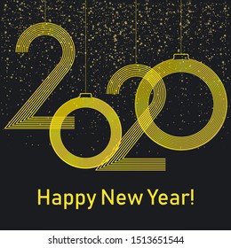 Gold lines 2020 New Year on a dark background with starfalls. Happy New Year 2020 greeting card vector modern design