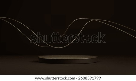 Gold lines flowing above black round podium on dark background - minimalist luxury platform display with glowing curved strands. Elegant showcase scene for product presentation and premium branding.