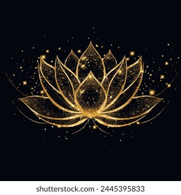 Gold lines glittery glowing blooming lotus flower tropical pattern. Black vector background illustration with golden exotic lotus flower. Decorative grunge textured shiny luxury stylish design.