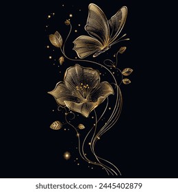 Gold lines glittery glowing blooming flower and butterfly romantic pattern. Black vector background illustration with golden exotic flower. Decorative grunge textured shiny minimalism drawing design.