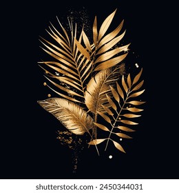 Gold lines glittery tropical 3d plants, palm branches with leaves, glitters. Textured shiny botanical palm leaves pattern background illustration. Luxury decorative glowing beautiful modern 3d design.