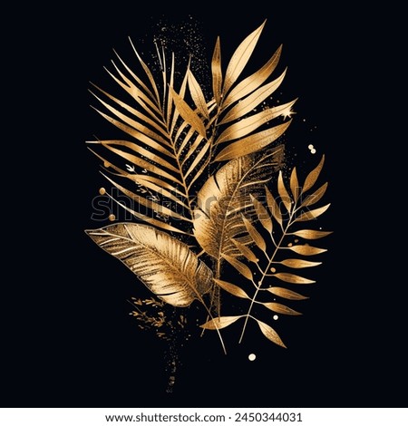 Gold lines glittery tropical 3d plants, palm branches with leaves, glitters. Textured shiny botanical palm leaves pattern background illustration. Luxury decorative glowing beautiful modern 3d design.