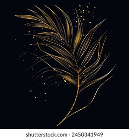 Gold lines minimalist glittery tropical 3d palm branch with leaves, glitters. Textured shiny botanical palm leaves pattern background illustration. Luxury decorative glowing beautiful modern design.