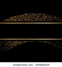 Gold lines on black background. Golden glow sparkle effect. Shine bright frame. Light magic effect design. Abstract shiny banner for Christmas decoration, Happy New Year holiday Vector illustration