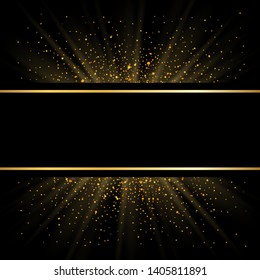 Gold lines on black background. Golden glow sparkle effect. Shine bright frame. Light magic effect design. Abstract shiny banner for Christmas decoration, Happy New Year holiday Vector illustration