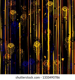 Gold lines and stylized feathers on dark backdrop. Seamless texture. Abstract vector background for web page, banners backdrop, fabric, home decor, wrapping, boho design