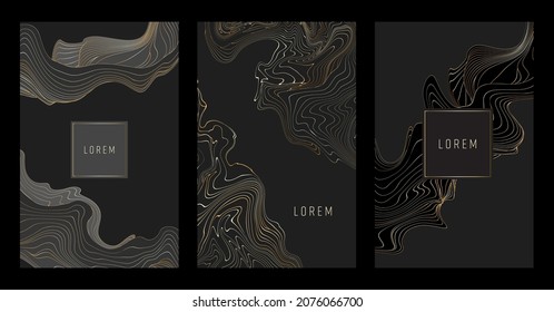 Plantilla de líneas de oro, diseño de cubiertas artísticas, coloridos fondos de lujo. Patrón de moda, afiche gráfico, tarjetas. Ilustración del vector