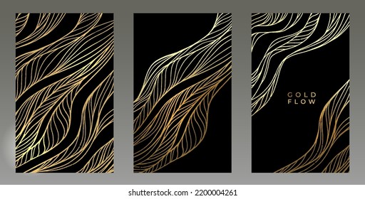 Gold lines template, artistic covers design, colorful luxury backgrounds. Trendy pattern, graphic poster, cards. Vector illustration