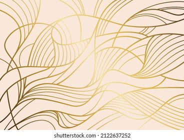 Gold lines vector art background. Abstract luxury cover design. Decor for design interior. Template for cards, flyers,  banner, packaging. Golden arts wallpaper for home decoration.