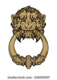 Gold lion head door knocker. Hand drawn vector illustration