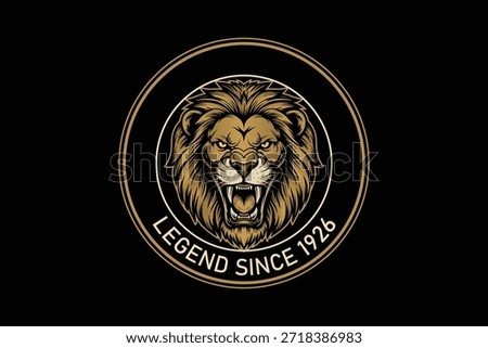 Gold lion head logo on black background with legend text
