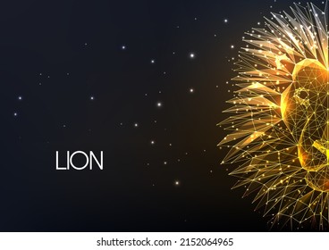 Gold lion head made of lines, dots, circles and polygons isolated on black background. 