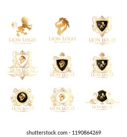 Gold lion logo. vector illustration, emblem design. Lion Crests logo set. King royal symbol, Men Fashion brand identity.