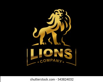 Gold lion logo - vector illustration, emblem design on black background