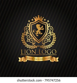 Gold lion logo - vector illustration, emblem design on black background