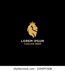 Gold lion's head with crown vector logo template.