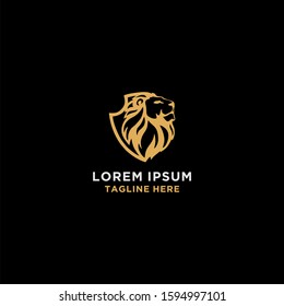 Gold lion's head with shield vector logo template.
