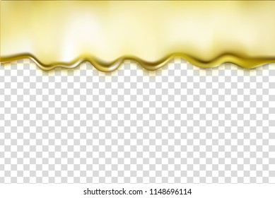 Gold liquid dripping alloy texture isolated on transparent background. Bright golden metallic oil, shiny fluid border. Vector illustration for your design.