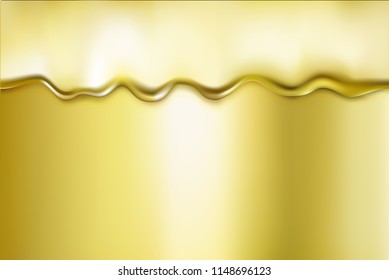 Gold liquid dripping alloy texture. Bright golden metallic oil, shiny fluid border. Vector illustration for your design.