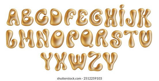 Gold Liquid Schriftart im Y2K Stil. Vektor realistische 3D golden aufgeblasenes Alphabet und Zahlen Metall-Effekt.