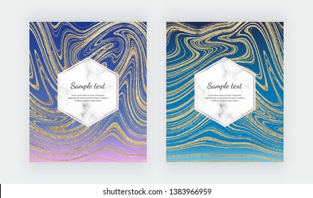 Gold liquid marble on the colorful gradient background. Ink painting glitter design cards. Trendy templates for banner, flyer, poster, save the date, greeting, wedding invitation
