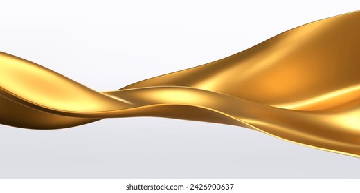 Gold liquid wave, 3d golden fluid silk ribbon isolated on light background. Render of luxury cloth or curtain with wavy folds and shiny gradient effect flying in motion. 3D vector motion background