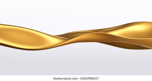 Gold liquid wave, 3d golden fluid silk ribbon isolated on light background. Render of luxury cloth or curtain with wavy folds and shiny gradient effect flying in motion. 3D vector motion background